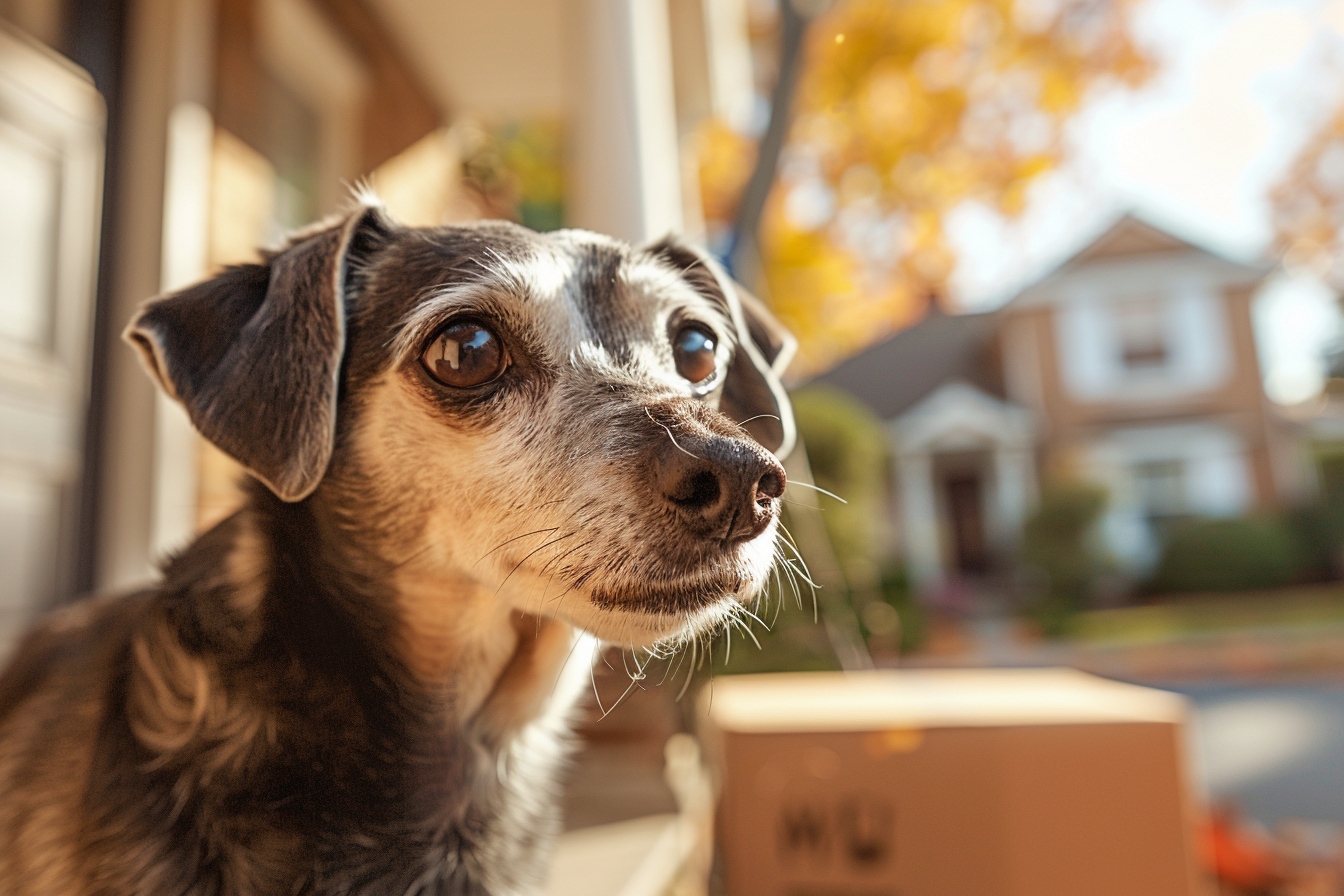 Senior chien heureux explorant son nouveau foyer à Bobigny après un déménagement sans stress