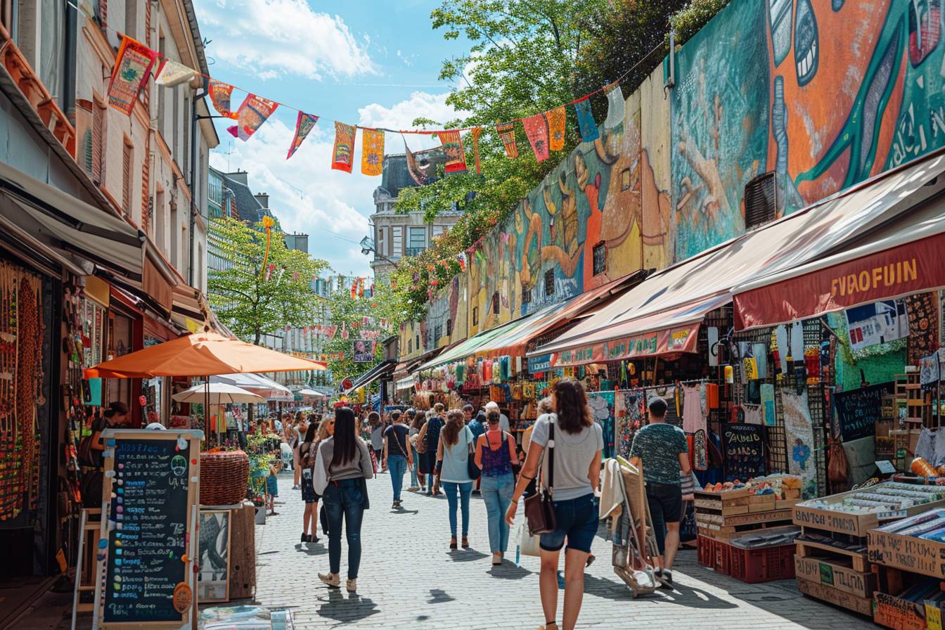 Vue dynamique de la vie culturelle à Bobigny, illustrant des résidents et des événements culturels locaux pour une immersion fascinante.